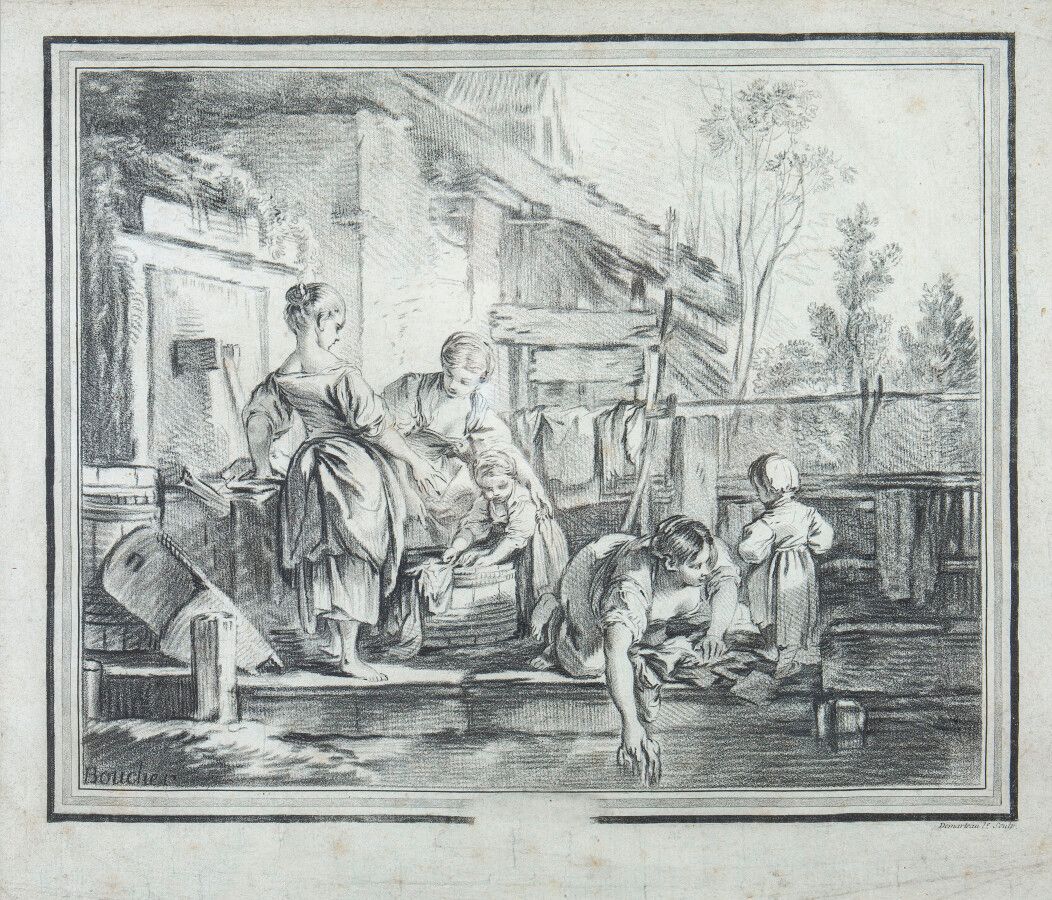 Null François BOUCHER (1703-1770), después, Femmes au lavoir, grabado en negro d&hellip;