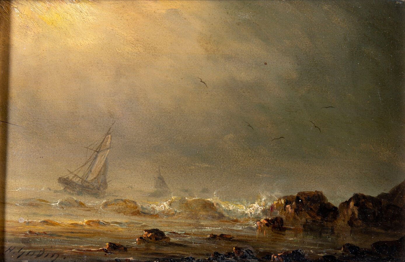 Null Théodore GUDIN, (1802-1880), 风暴中的船只和捕鱼出发，一对板上油画，左下角有签名，其中一个有轻微裂缝，13,5 x 21 &hellip;
