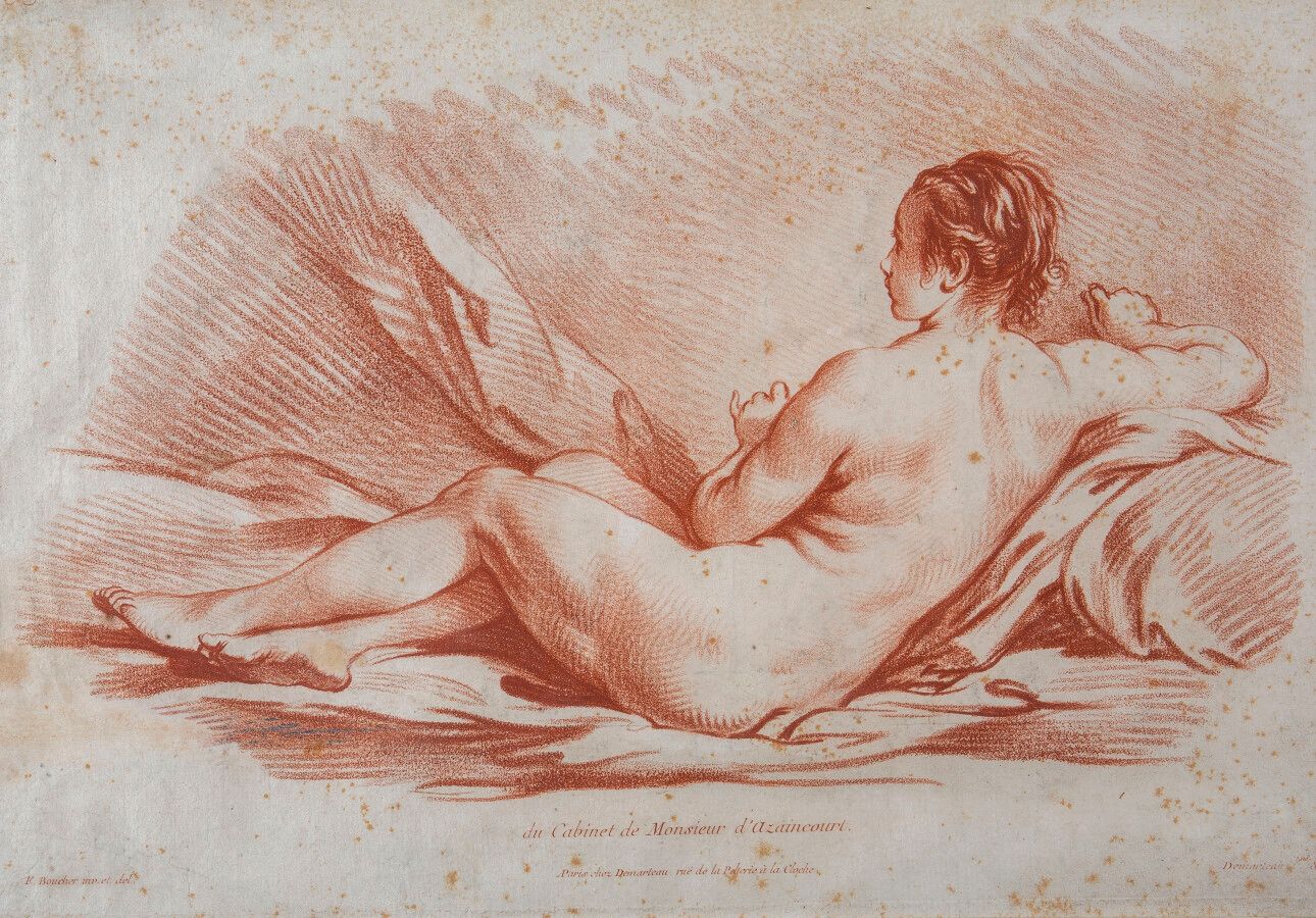 Null François BOUCHER (1703-1770), after, 裸体女人躺着从后面看，她的头在左边的轮廓，18世纪，由Gilles DEMA&hellip;