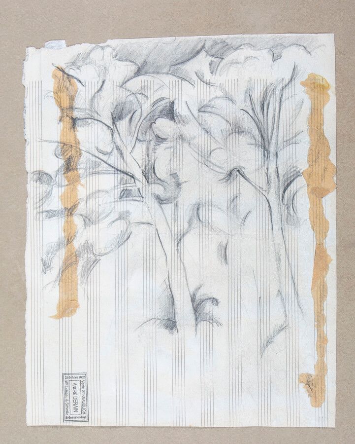 Null André DERAIN (1880-1954), Etudes d'arbres, 纸上铅笔画, 23 x 18,5 cm, 中央折叠, 边缘有污点&hellip;