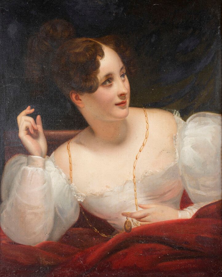 Null ESCUELA FRANCESA circa 1850, Retrato de mujer con vestido blanco, lienzo, 7&hellip;