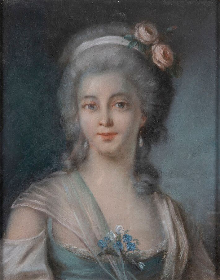Null 18或19世纪的法国学校，在伊丽莎白-维吉-勒布伦的品味，《带花的优雅女士肖像》，纸上粉彩，39 x 31厘米