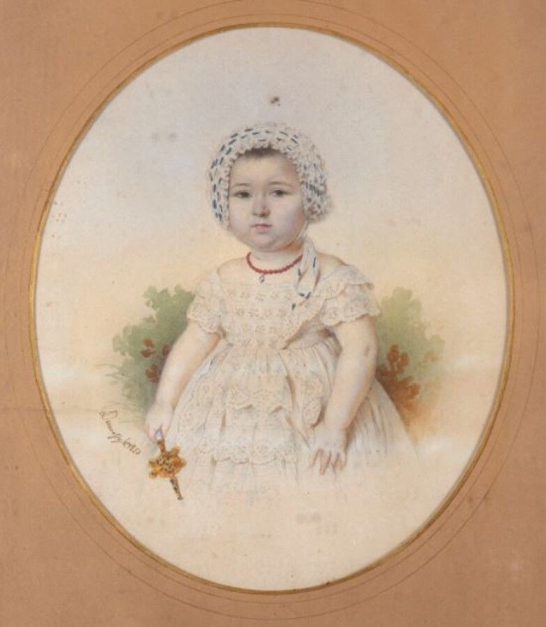 Null 19世纪法国学校，拿着拨浪鼓的儿童肖像，纸上水墨画，椭圆形，左下角有签名和日期1850年