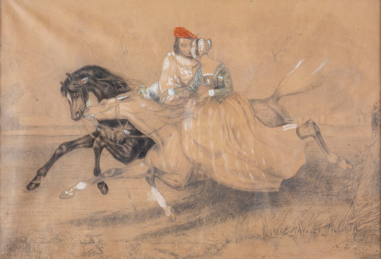 Null Alfred de DREUX (1810-1860)，《马背上的吻》，纸上黑色铅笔和水粉强化，无光泽，右上角有湿润和撕裂，右下角有签名，29 x 4&hellip;