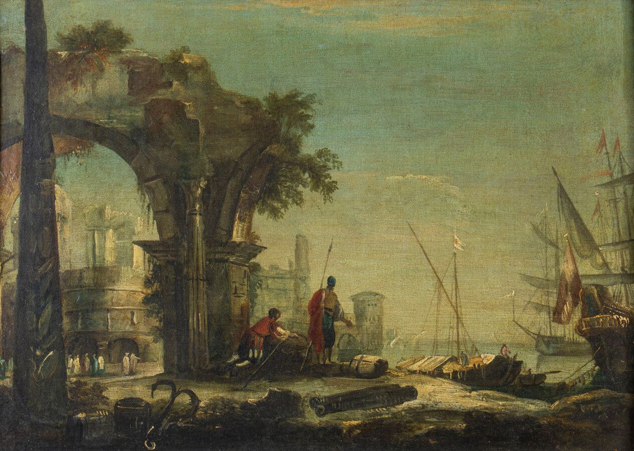 Null Scuola veneziana del XVIII secolo, Scena d'imbarco, olio su tela, usura, 38&hellip;