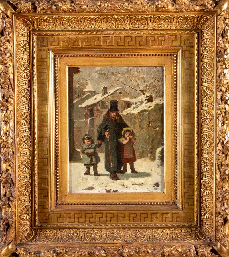 Null 19世纪的法国学校，人物在内战中，面板油画，24,5x18cm