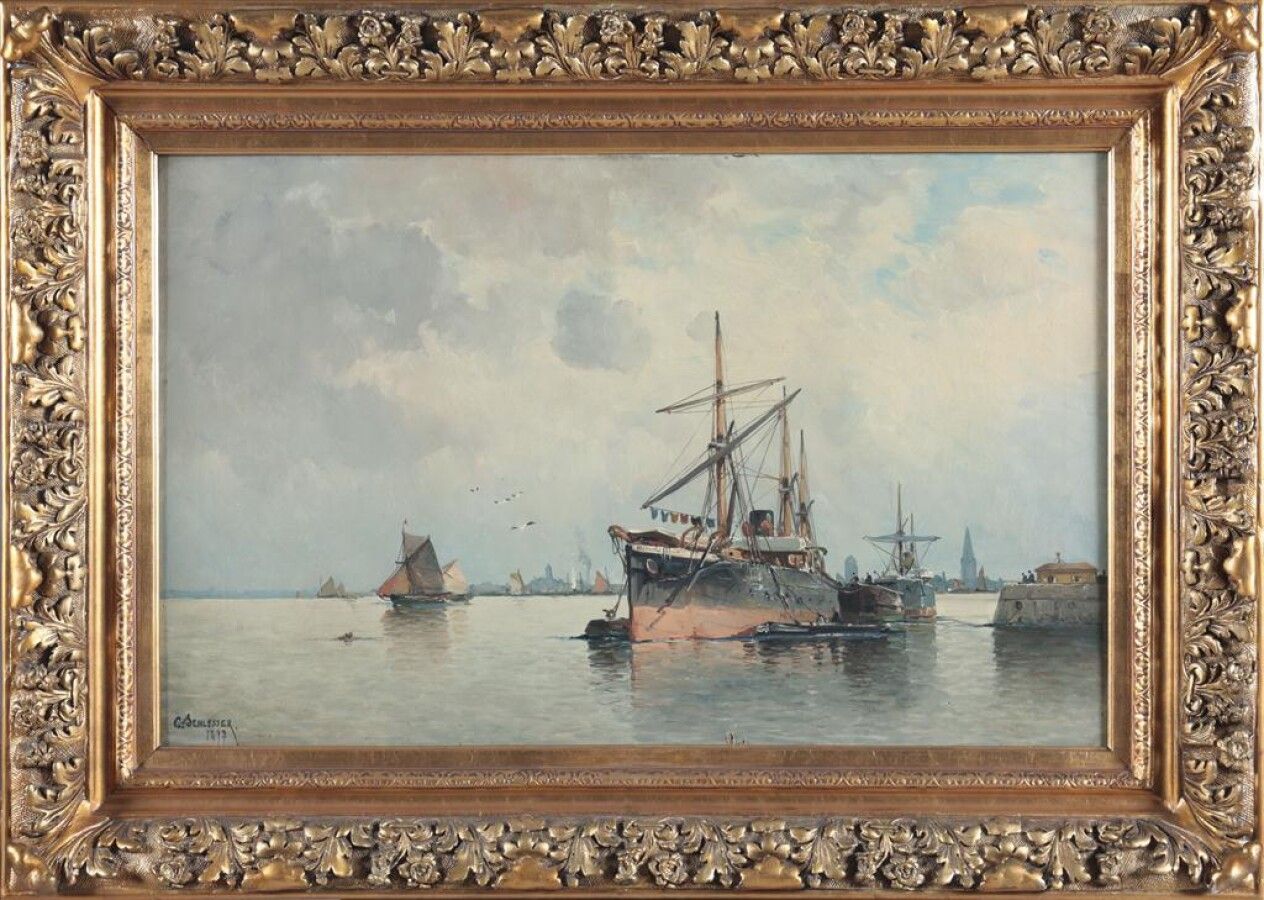 Null Carl SCHLÖSSER (1832-1914): "斯海尔德河上的一个港口的景色"。在其原始画布上，有签名和日期1897年。 高：51 - 长：&hellip;