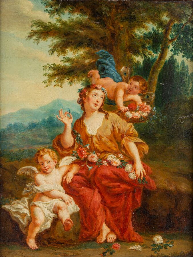 Null 归属Jean LEMOYNE (1638 1705)，带花环的女人和普蒂，带葡萄串的女人和普蒂，一对橡木板，一块木板，没有镶嵌，38 x 29, 5厘&hellip;