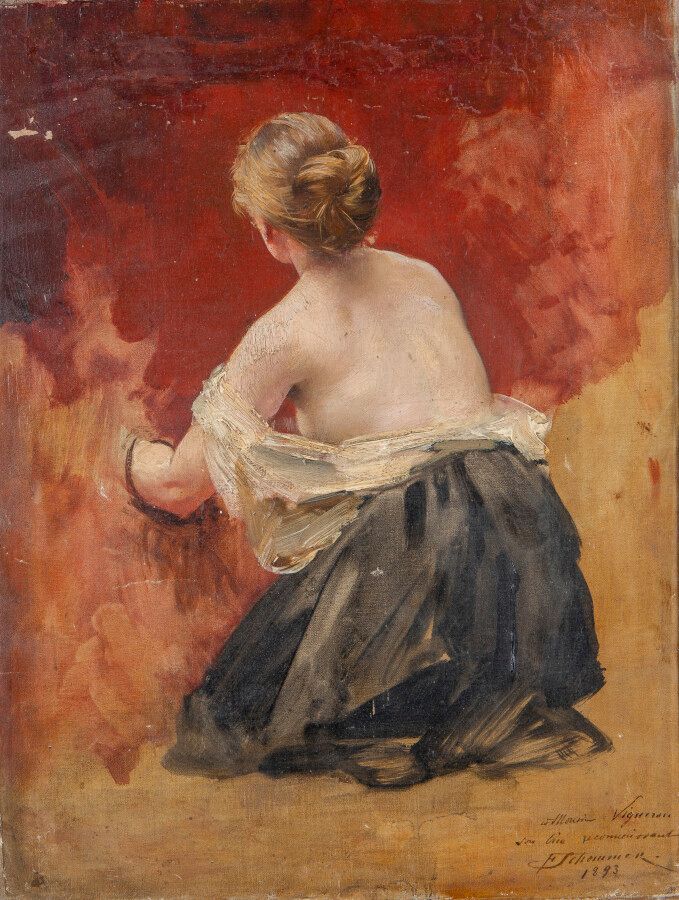 Null 弗朗索瓦-肖默，1850-1935，《从后面看一个女人的研究》，布面油画，右下角有签名，日期为1893年，有托运的痕迹，丢失，撕裂，修复，35x27c&hellip;