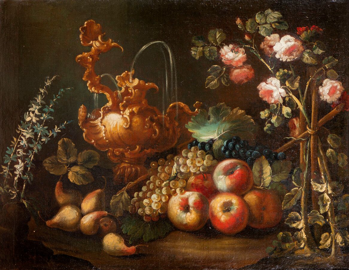 Null Attribuito a Giovan Battista RUOPPOLO (1629 1693), Rosaio, frutti e caraffa&hellip;