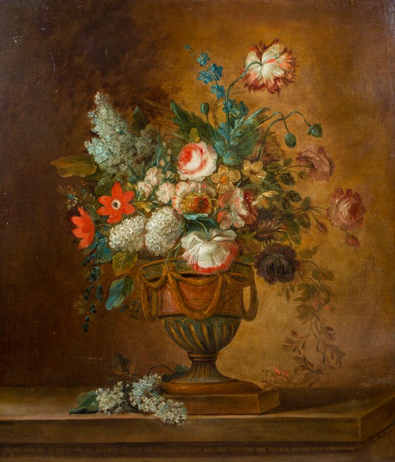 Null 1800年左右佛兰德学校，Jean-Baptiste BOSSCHAERT的追随者，古董花瓶中的花束，帆布，110 x 98厘米，左下角有Monogr&hellip;