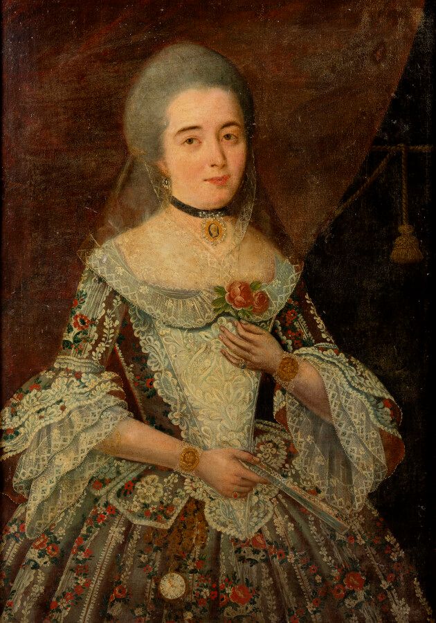 Null ESCUELA ALEMANA circa 1700, Retrato de mujer con vestido floreado, lienzo, &hellip;