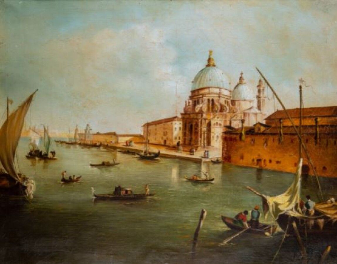 Null 20° secolo scuola veneziana nel gusto di GUARDI, Vedute, olio su tela, 77 x&hellip;