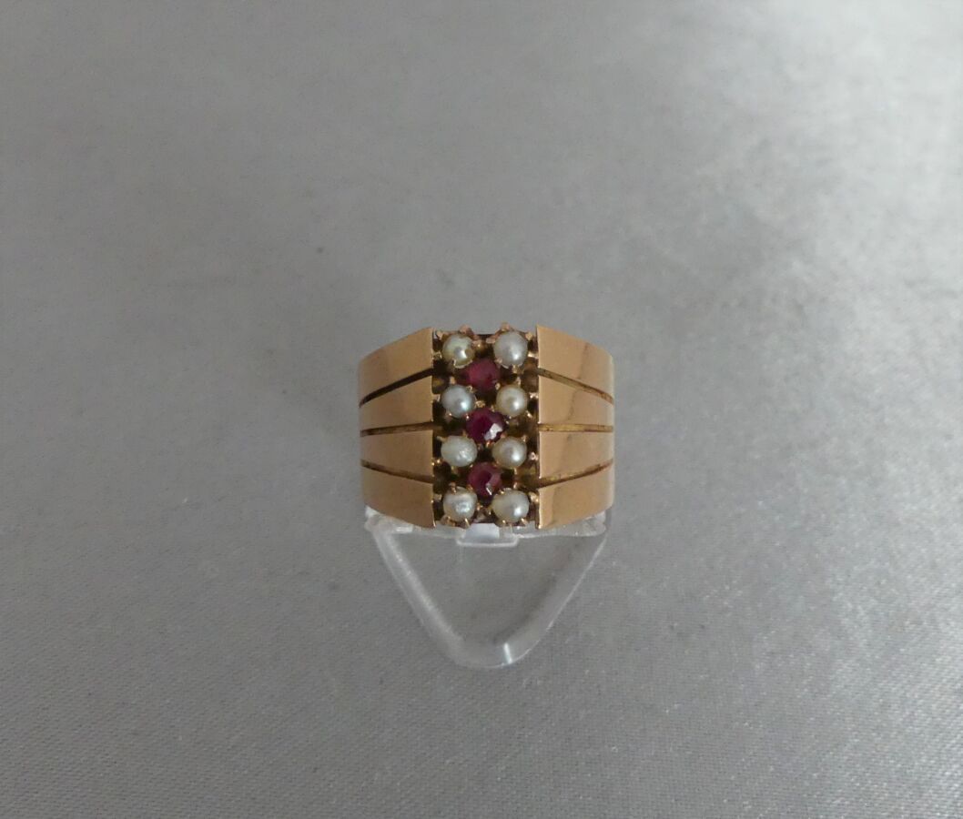 Null RING in pink gold 750 thousandth, decorated with half pearls and red double&hellip;