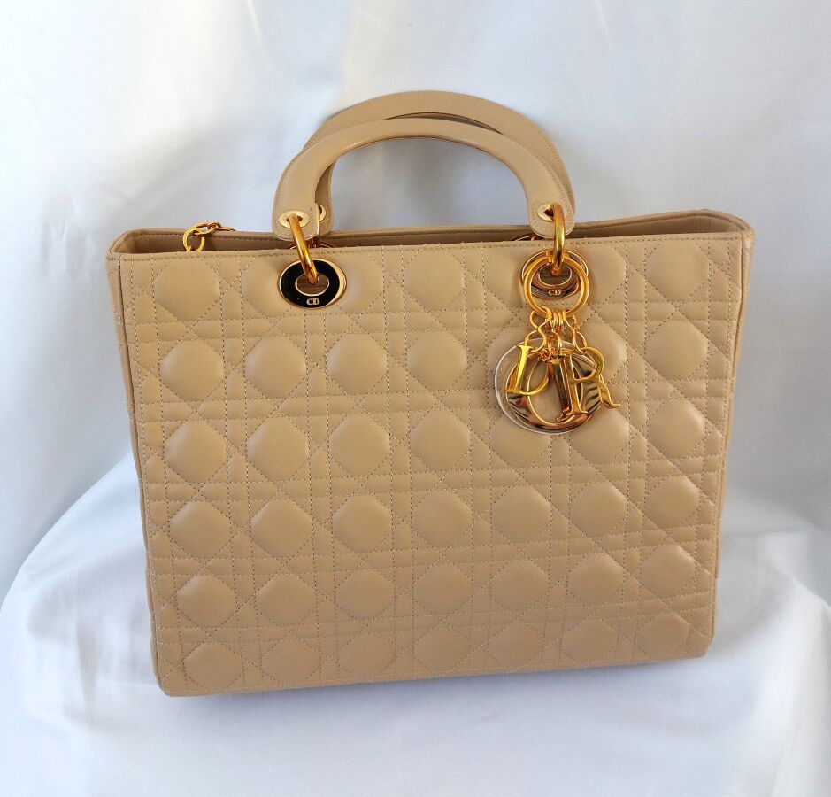 Null CHRISTIAN DIOR, Lady Dior - Beige leather tote bag quilted with crossbones,&hellip;