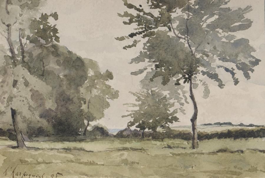 Henri HARPIGNIES (1819-1916) «Paysage aux grands arbres, 1895». Aquarelle. Signé&hellip;