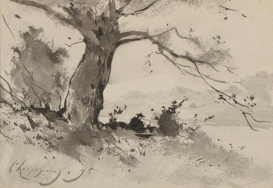 Henri HARPIGNIES (1819-1916) «À l'ombre du grand chêne, 1895». Encre et lavis. S&hellip;