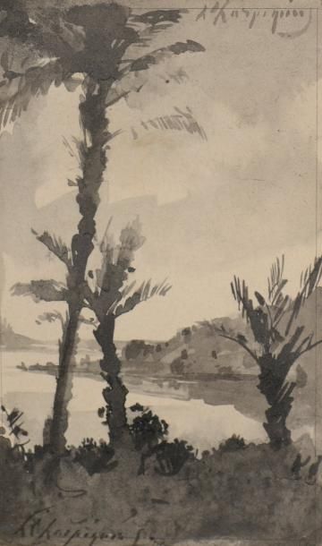 Henri HARPIGNIES (1819-1916) «Paysage lacustre». Lavis et encre. Signé en bas à &hellip;