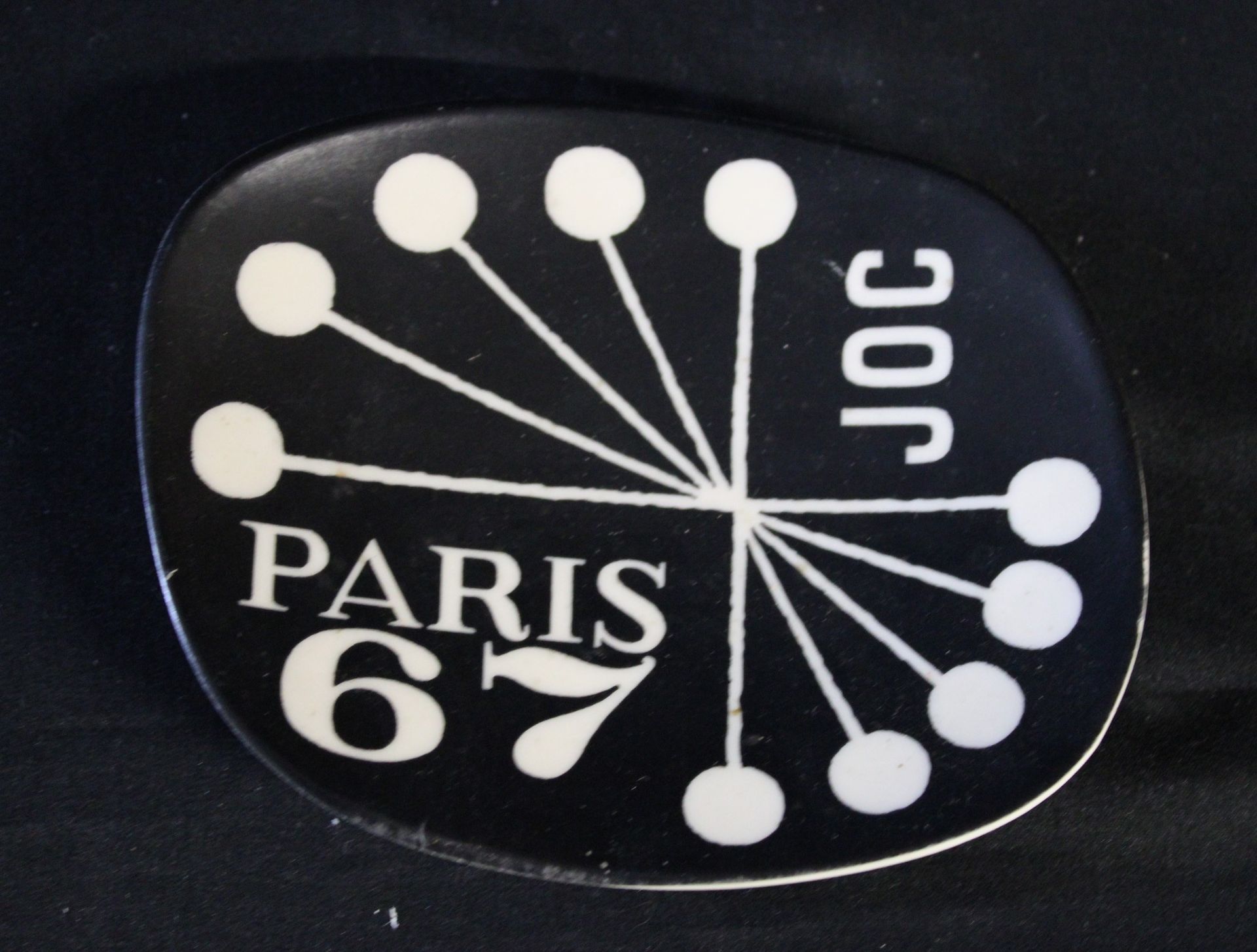 Null Ashtray "JOC PARIS 67" melamine, black and white, 13x11