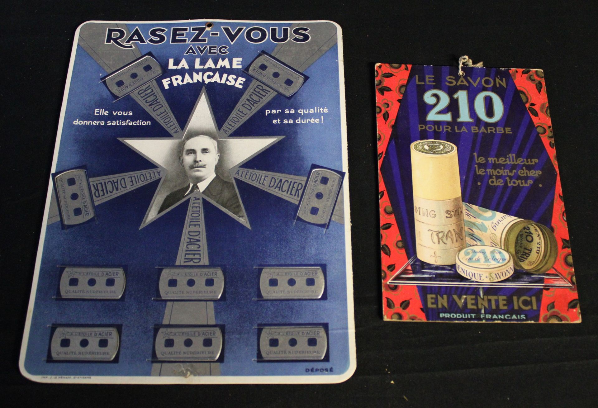 Null 两张纸板海报 "LA LAME FRANCAISE "和 "LE SAVON 210 POUR LE BARBE", 21x28, 13x20