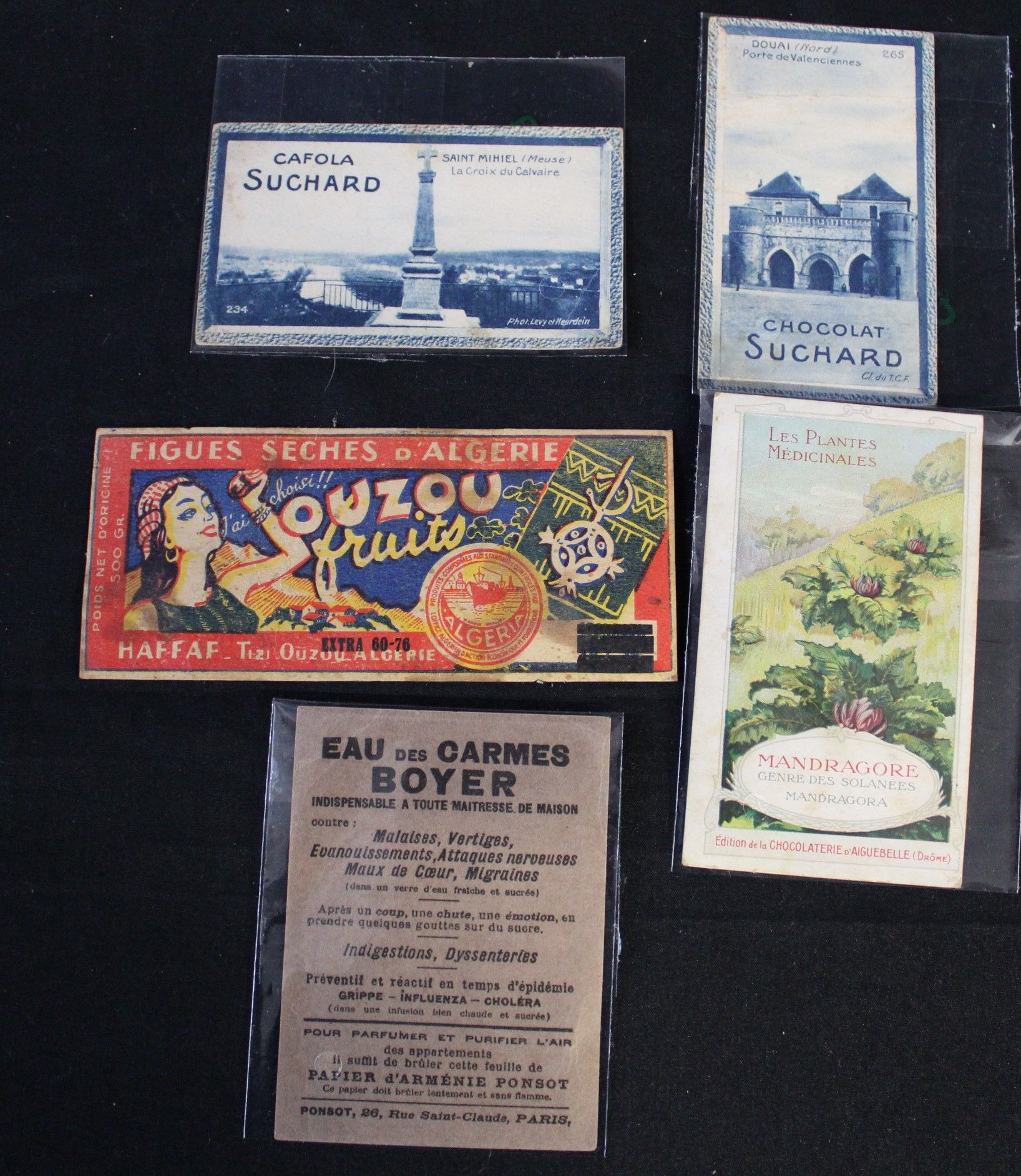 Null Small advertising cards (5) : "OUZOU" "CAFOLA SUCHARD", "CHOCOLAT SUCHARD",&hellip;