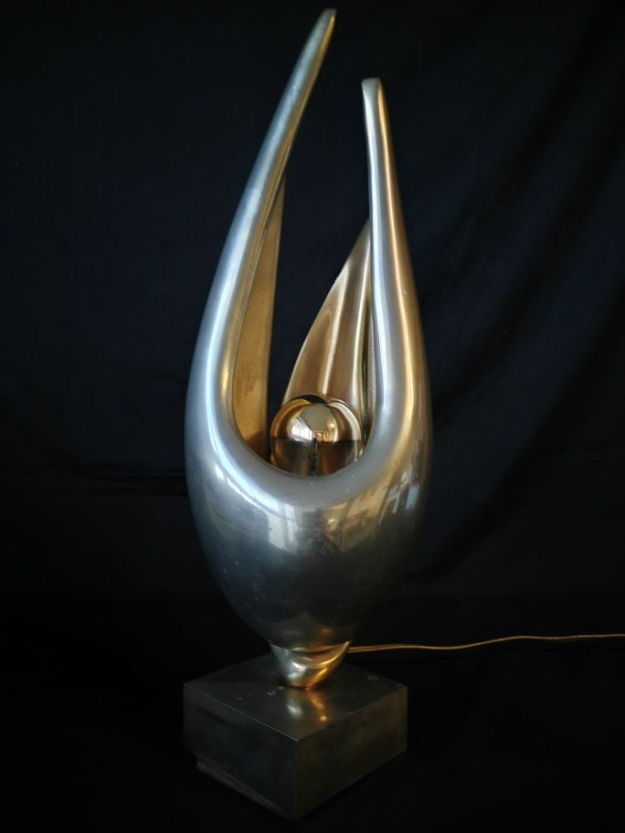 MICHEL ARMAND Lampe Art Déco Flamme en Bronze, année 70, Michel ARMAND