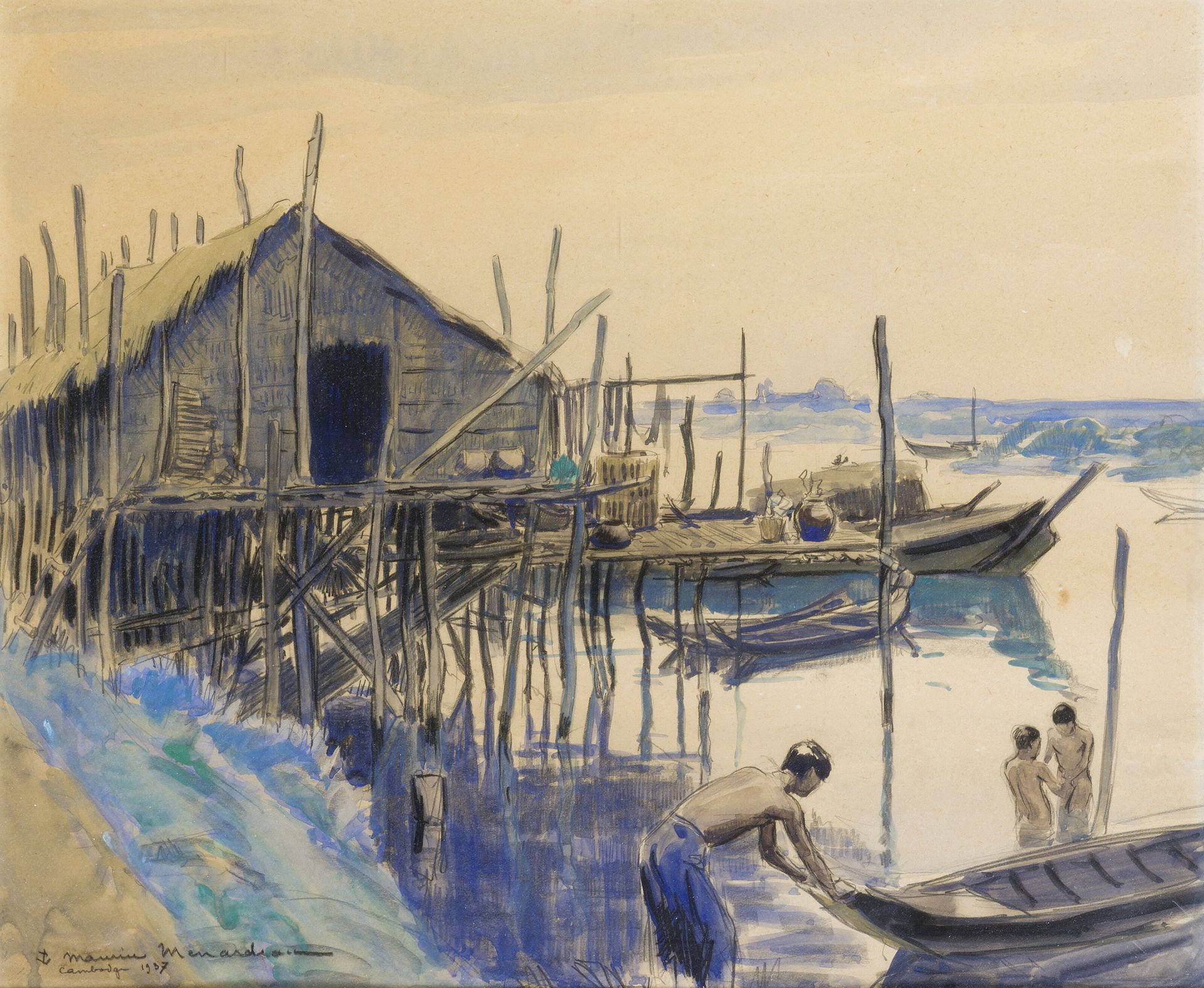 Null 莫里斯-梅纳多(1897-1977)

巴黎美术学院

海军官方画家

高跷上的村庄。柬埔寨 1937年。

装帧纸上的水彩画，有签名、日期和左下角的&hellip;