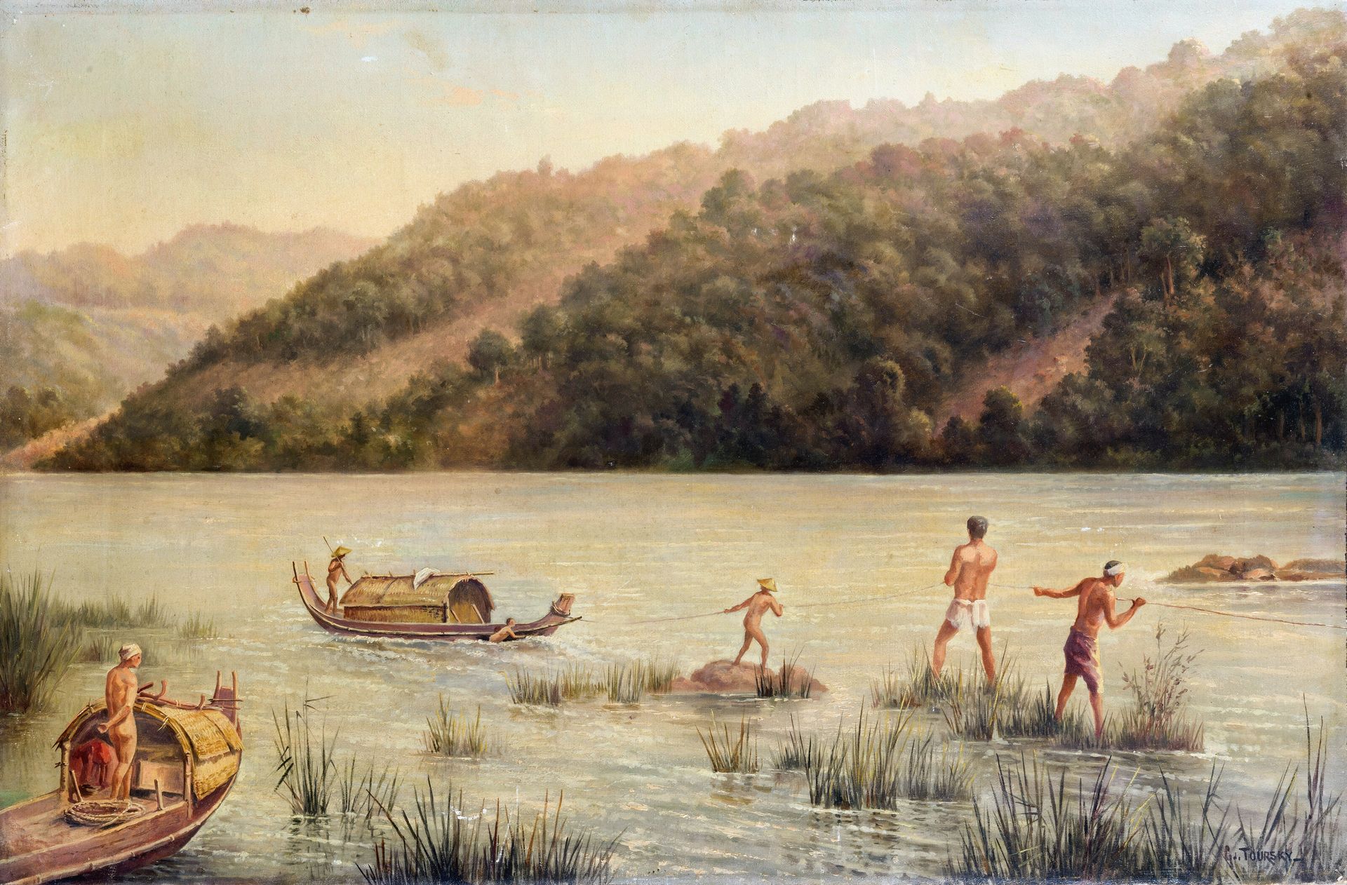 Null 加斯帕德-图尔基(1849-1925)

法国旅行画派。

黑河上的渔民。

布面油画，右下方有签名。大约在1910年。尺寸：45x72厘米。