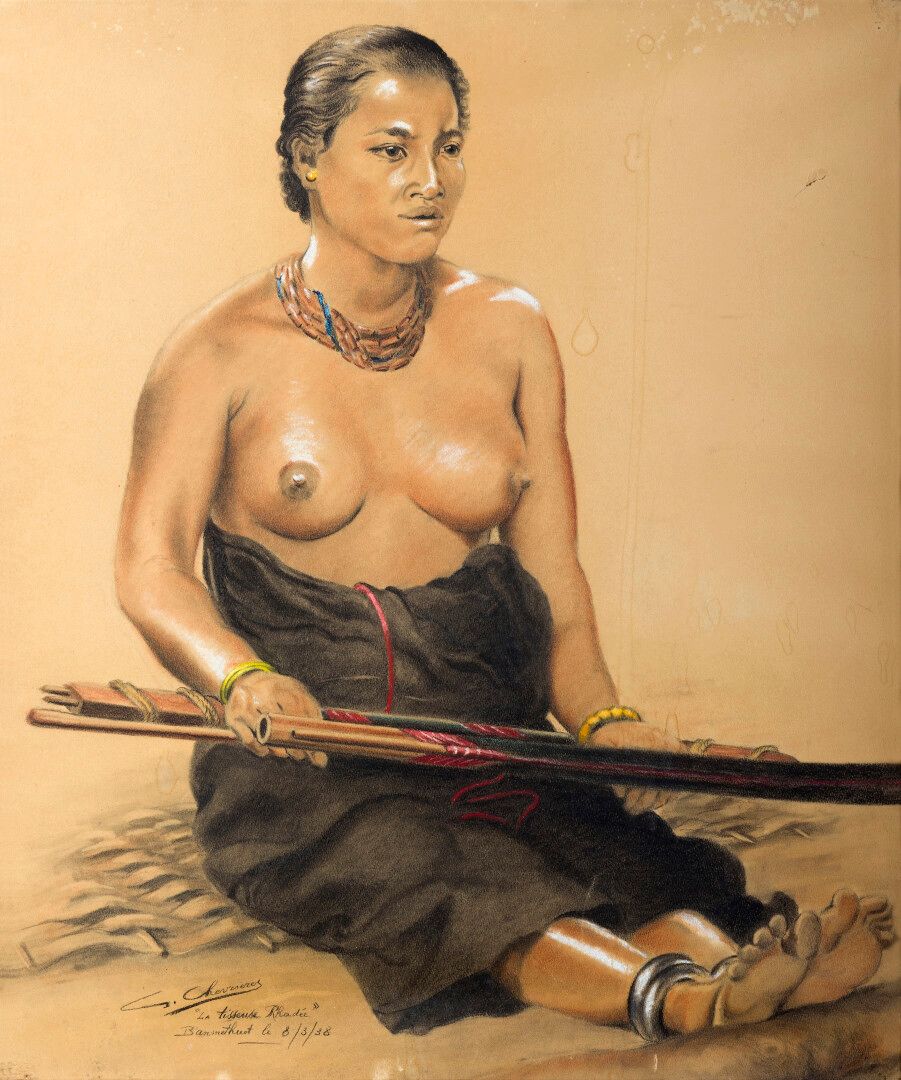 Null G.CHEVRIERES（20世纪）。印度支那旅行画家学校。

年轻妇女"La tisseruse Rhadée"（达拉克高原少数民族）。

炭笔和粉&hellip;