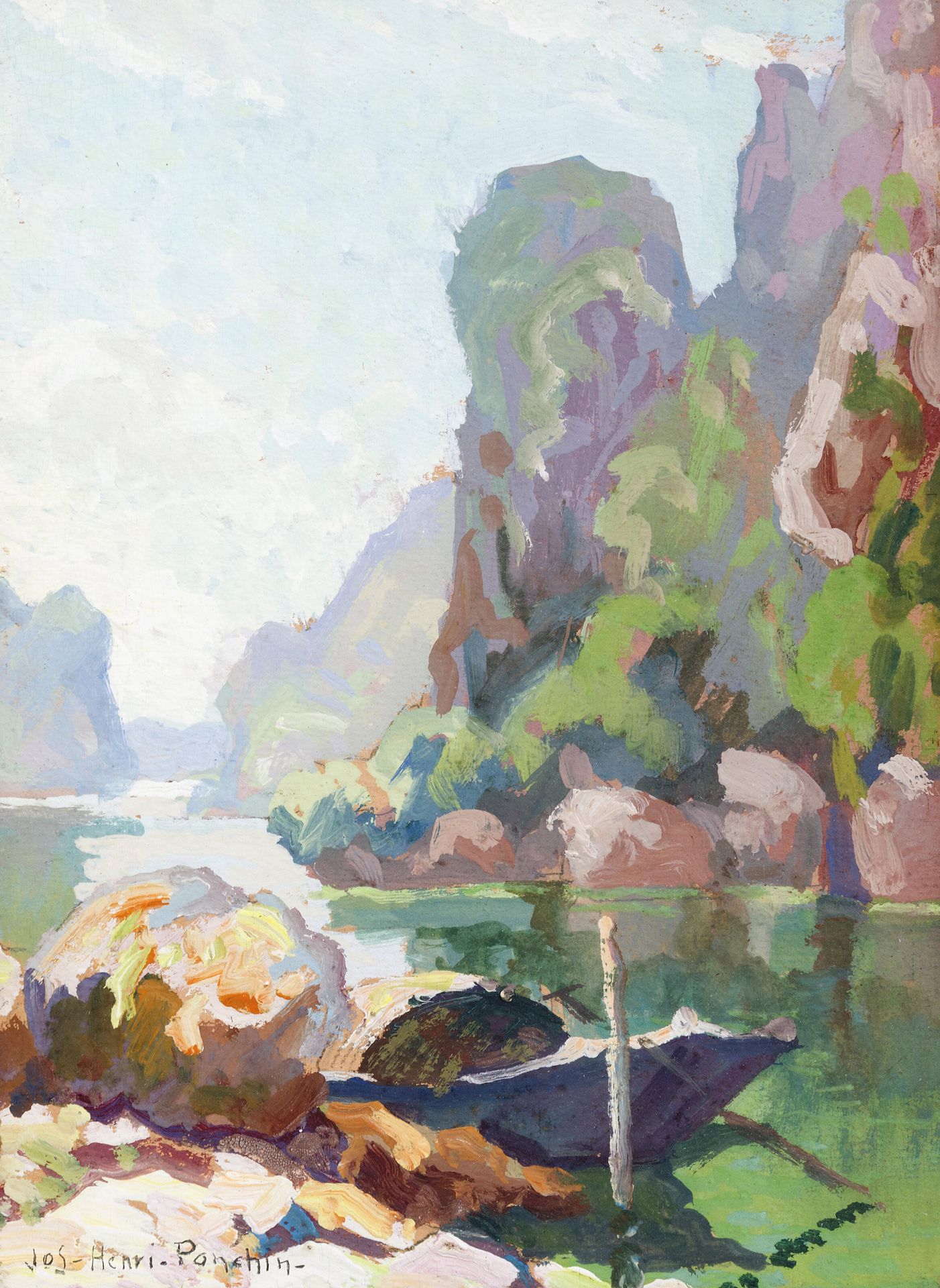 Null Jos-Henri PONCHIN(1897-1981).惊涛洞附近的景色。Baie d'Along.水粉画在有框纸板上，左下方有签名。位于背面。尺寸&hellip;