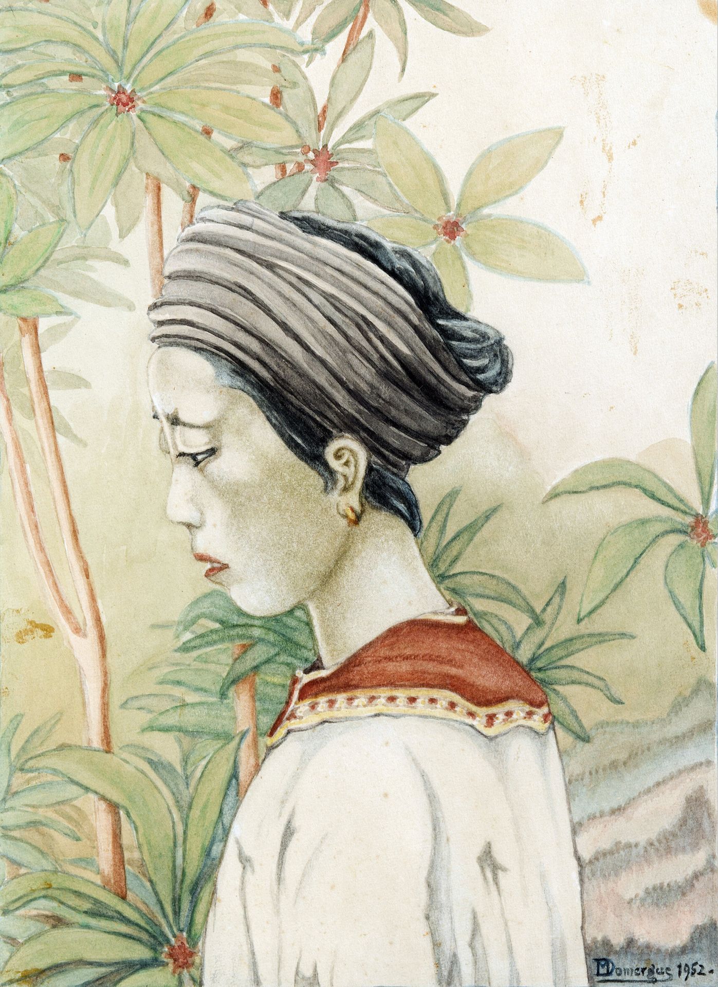 Null 多默格先生（第二十次）

法国的印度支那旅行艺术家学校。

一个年轻女人的肖像。

水粉和水彩，裱纸，右下有签名和日期1952年。

尺寸：25,5x&hellip;
