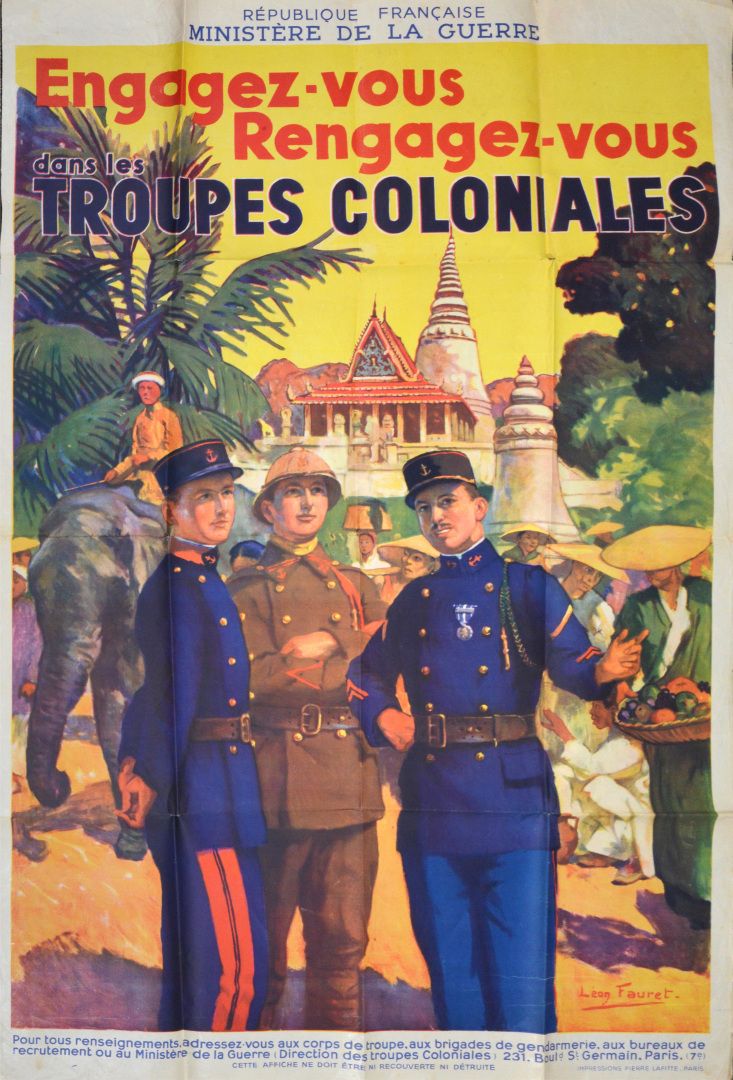 Null 1930.加入 殖民地部队。约1930年。由陆军部发布的原始海报。由Léon Fauret（1863-1955）绘制的柬埔寨场景图。尺寸：121x77&hellip;