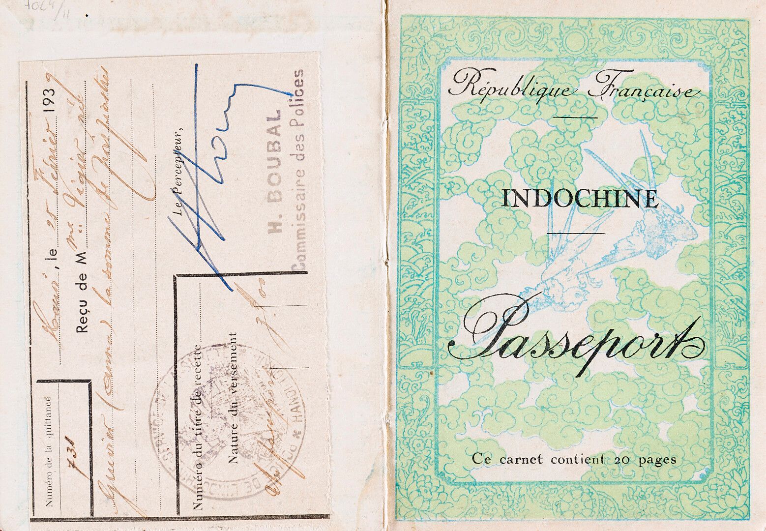 Null 印度支那总政府。

中国 - 护照。

1939年2月在河内为一位居住在越南的法国旅行者签发了有效期为一年的副本，以便前往欧洲旅行。

棕色清漆布封面&hellip;