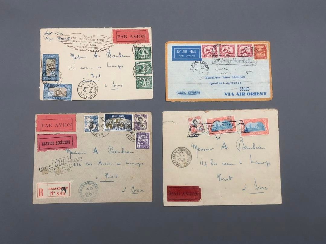 Null 一套由西贡寄往尼奥特的四个贴有邮票的信封，邮票内容如下。

- 法国印度支那的第一次邮政旅行（1929年

- 回程，记录距离 - Costes和Be&hellip;