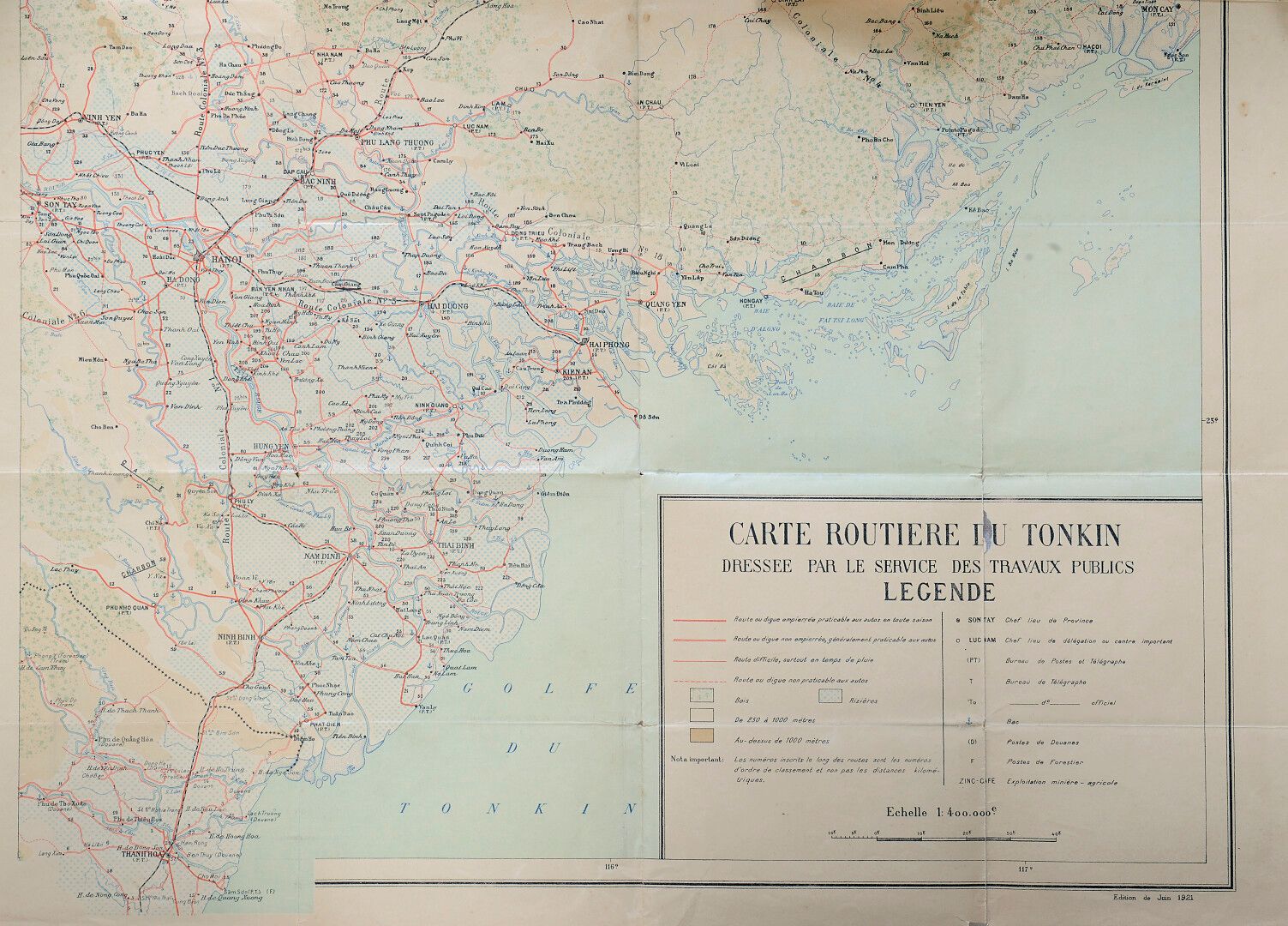 Null 1921. Straßenkarte von Tonkin, 

Farbige Karte, die von der Abteilung für ö&hellip;