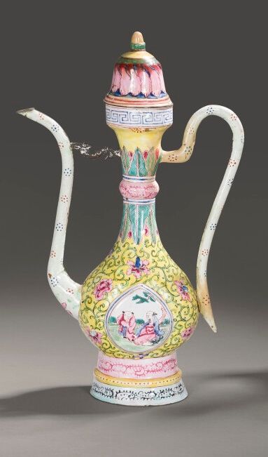 Null Small ewer, wine pot in enamelled copper painted in polychromy of flowery s&hellip;