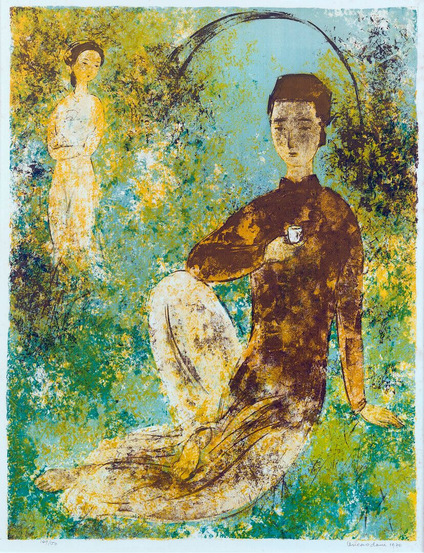 Null 武曹坝（1908-2000）。

诗人和他的恋人。

带框石版画，编号为149/150，右下角有签名和日期1970。

尺寸：80x60厘米（见图）。