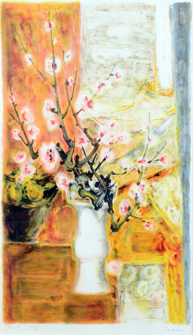 Null Lê Pho（1907-2001）。

花瓶里的樱花。

彩色石版画，边缘有签名，编号为EA 2/15。

尺寸：78x59厘米（见图）。
