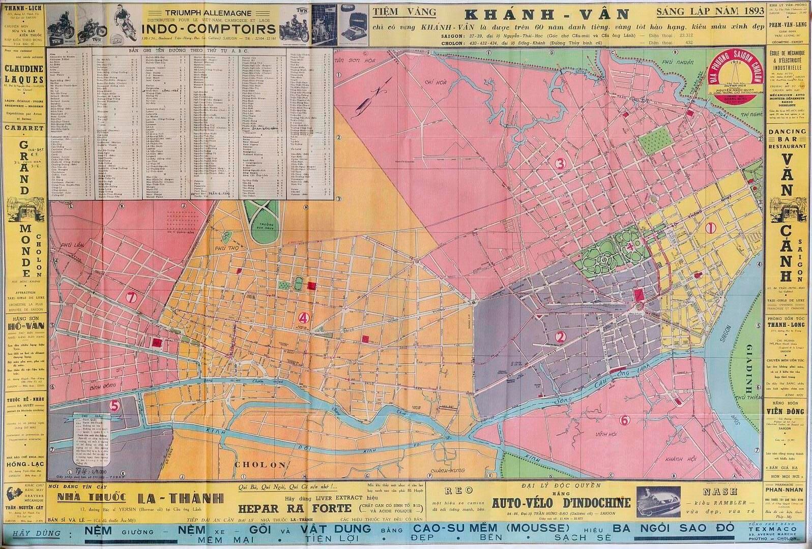 Null 
1955.




乔龙-西贡地图。约1954年。有越南语的街道名称。彩色地图的框架是商业标志的楣板。非常具有装饰性的套装。尺寸：53x78.5厘米&hellip;