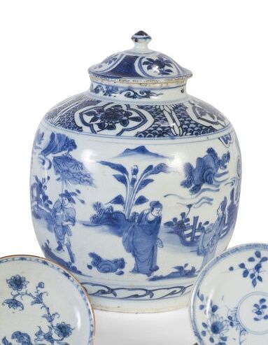Null Vaso ricoperto di porcellana smaltata bianco-blu, decorato con studiosi e s&hellip;