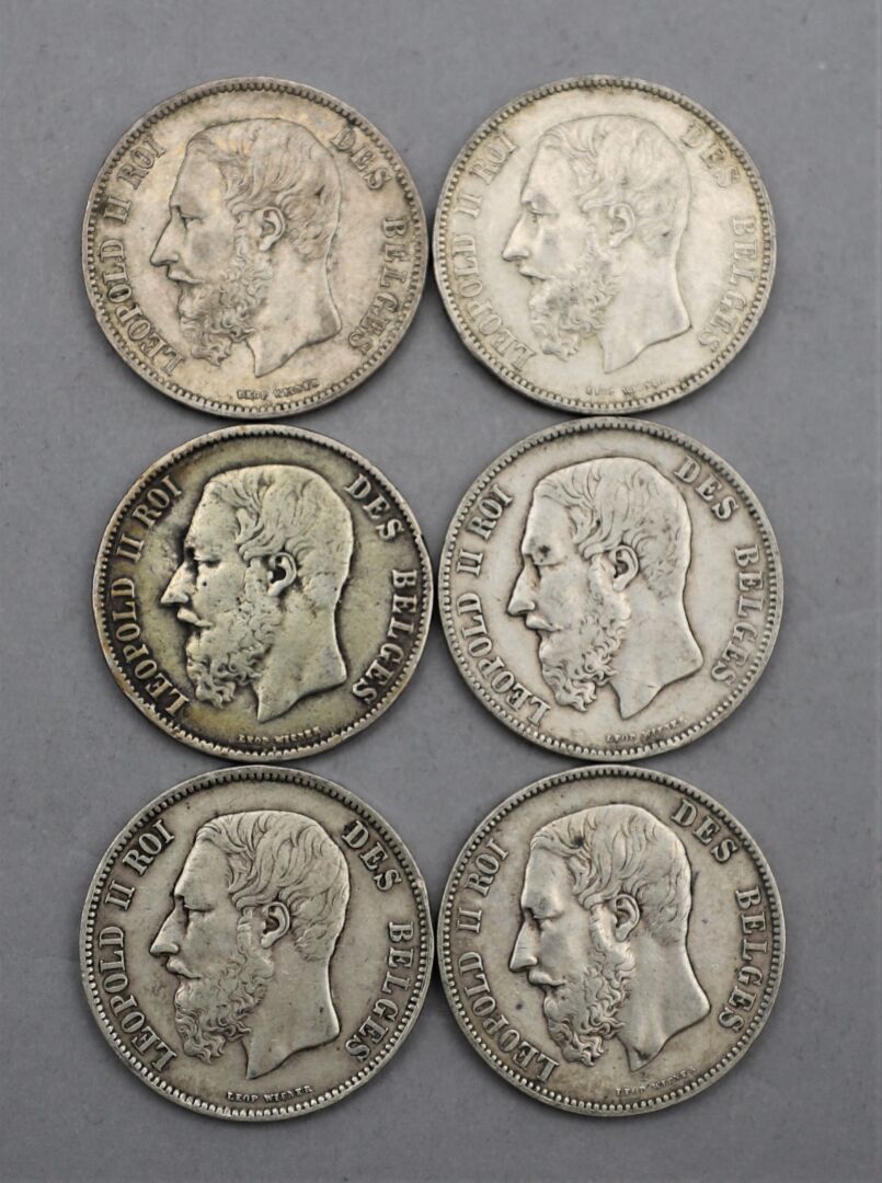 Null Lot de 6 pièces de 5 Francs en argent. Type Léopold II, roi des Belges, d'a&hellip;