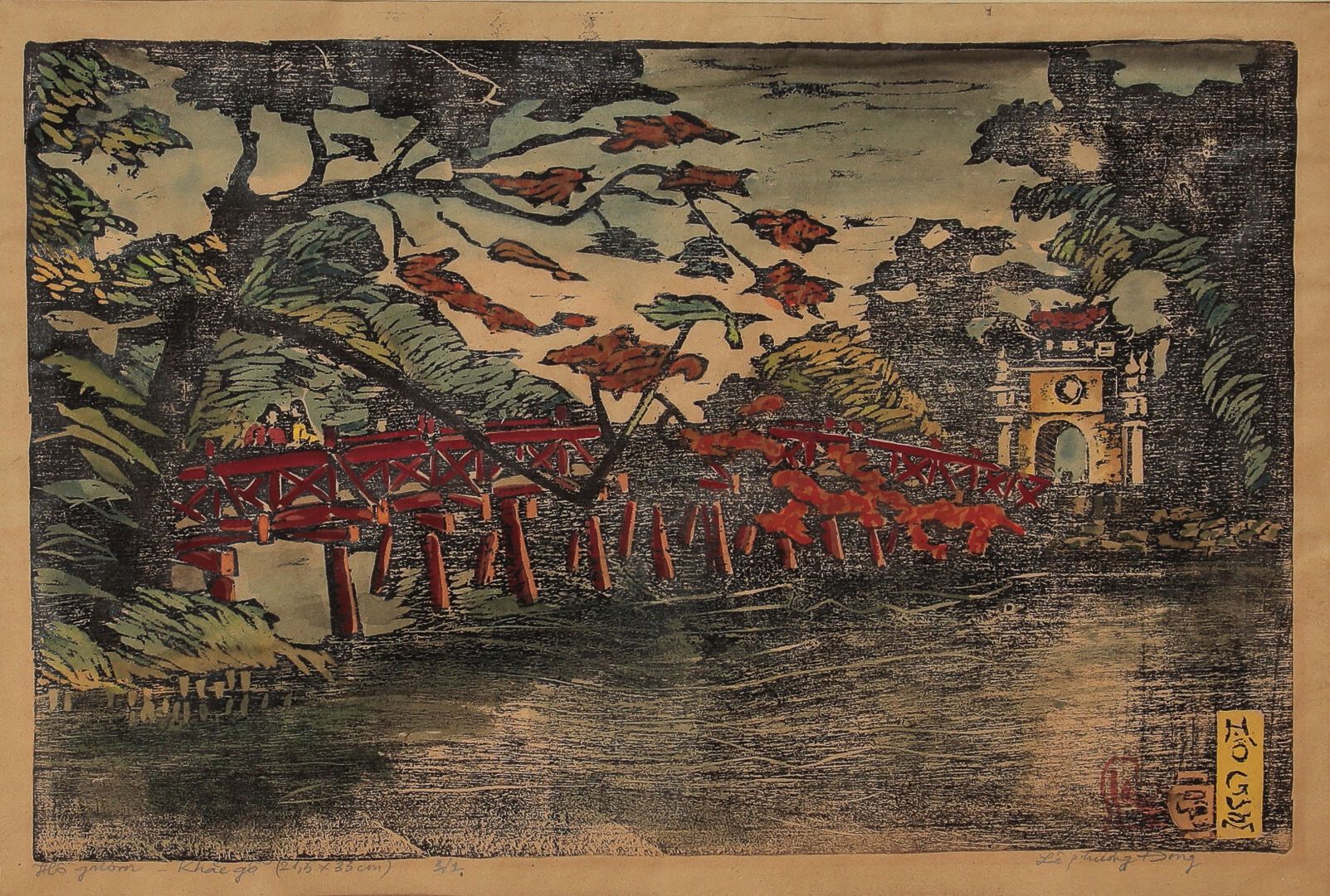 Lê PHUONG DONG. 
Pont du petit lac d'Hanoï. 
Gravure sur bois encadrée signée da&hellip;