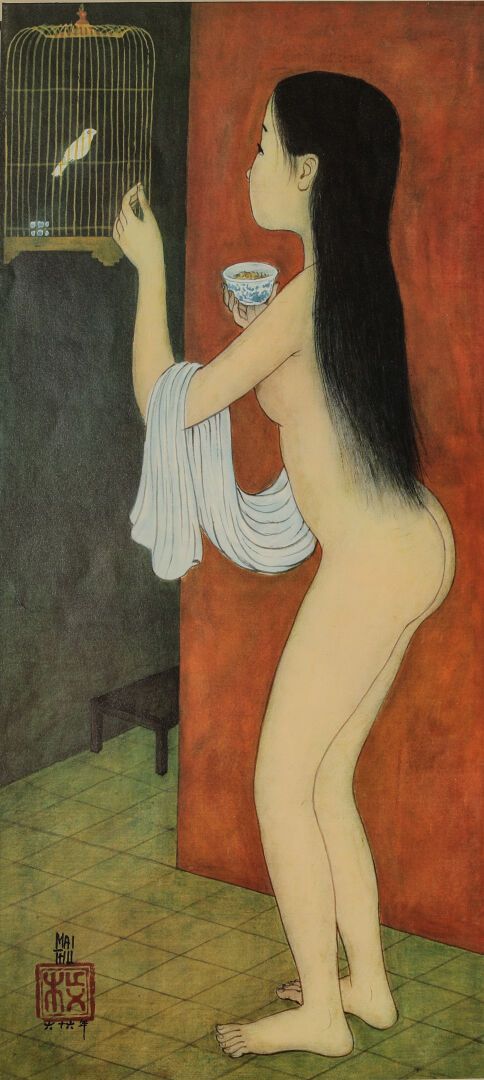 Null MAI-THU (1906-1980). 

Desnudo con una jaula de oro.

Reproducción en seda &hellip;