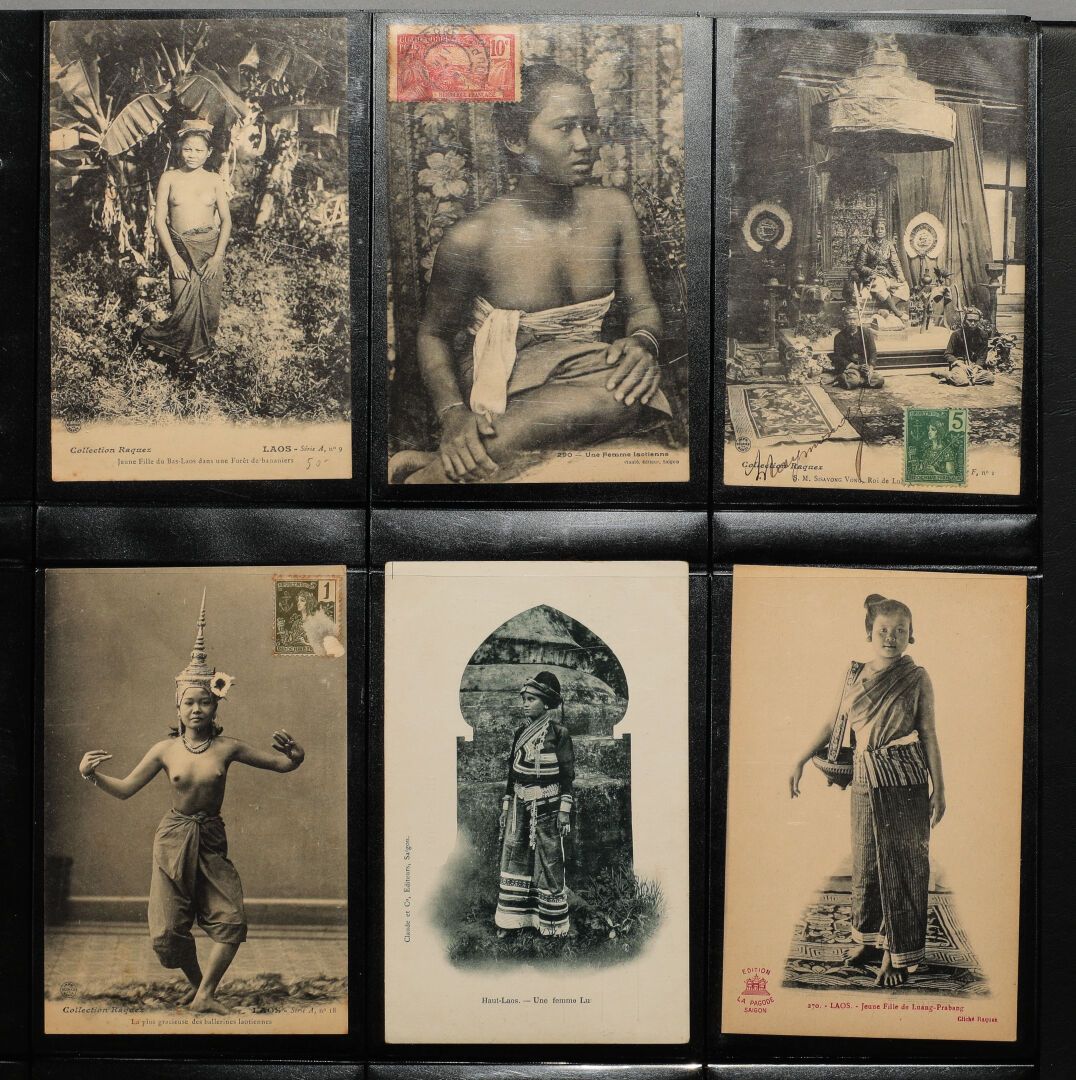Null LAOS

约150张黑白和彩色明信片装订成册，版本为西贡的La PAGODE，RAQUEZ系列和各种：省份，老挝妇女，摔跤手，民族团体，音乐家，舞蹈&hellip;