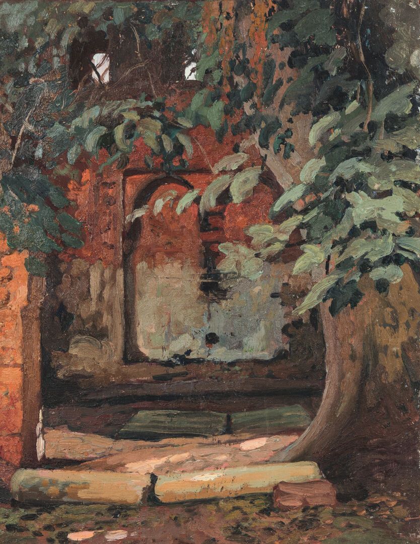 Null Henri DABADIE (1867-1949)。

柬埔寨的寺庙。

两幅板上油彩，背面注明日期为1929年

车间销售的标签。

尺寸：35x2&hellip;