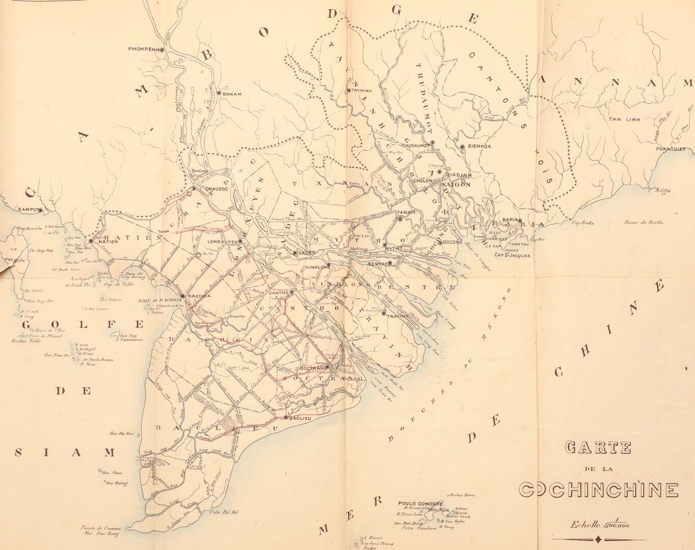 Null 1934

科钦纳州的地图

印刷和增强的彩色地图显示了运河在北方和南方的路线。比例：1:800,000。

(折叠，稍有破损，边缘有破损）。