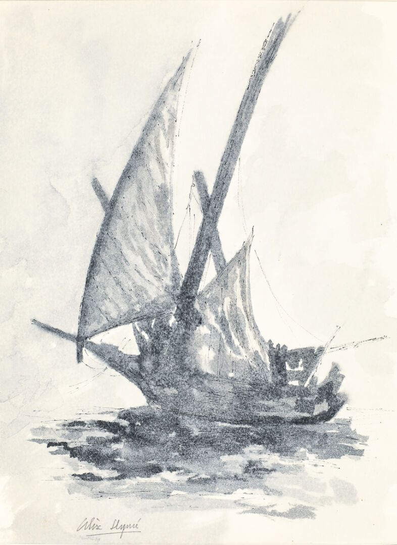 Null 阿里克斯-艾梅(1894-1989)

印度支那美术学院教授。

帆船。

纸上水墨，左下方签名。

尺寸：39,8x29,5厘米（见图）。