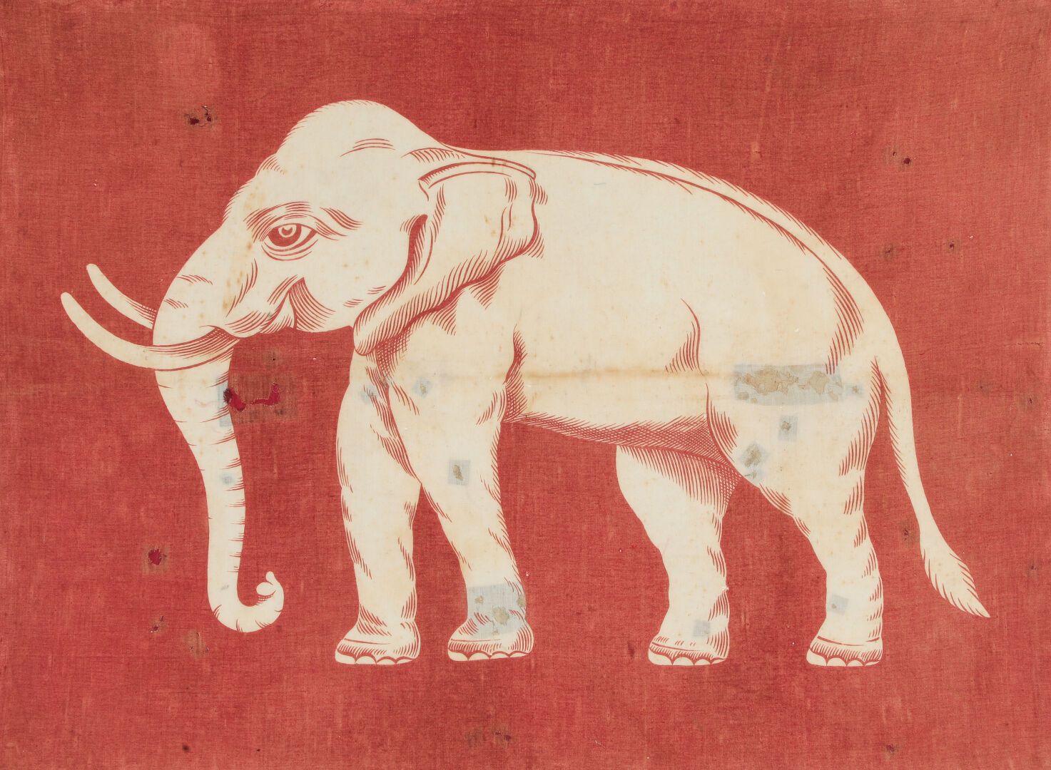 Null 1855-1916

暹罗国旗，红棉布上有白象标志（查克里王朝的象征）。有框。

尺寸：82,5x62厘米。

(磨损）。

出处：Leopold d&hellip;