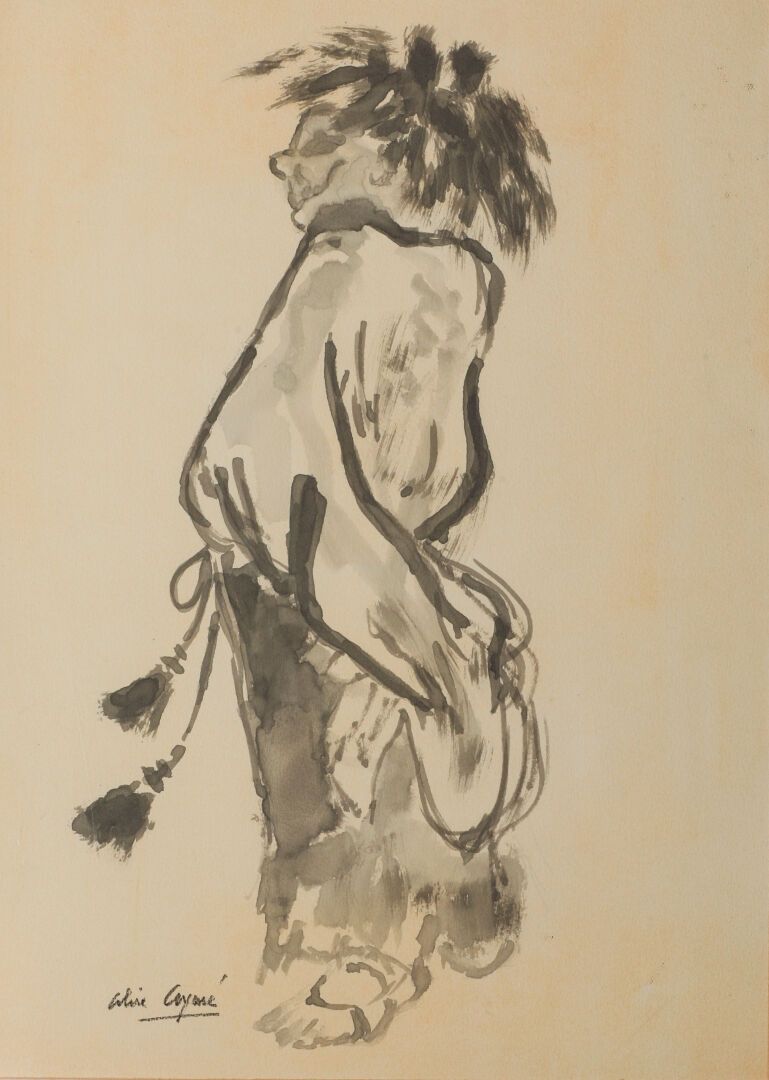 Null 阿里克斯-艾梅(1894-1989)

印度支那美术学院教授。

穿着传统外衣的年轻女孩。

裱纸上的水墨画，左下方有签名。

尺寸：43.5x30.&hellip;