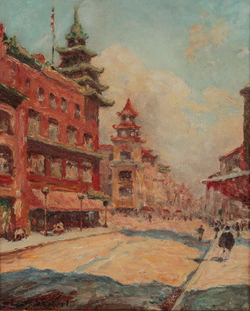 Null Marius HUBERT-ROBERT(1885-1966).

惠州的动画街道。

纸板上的油画，左下方有签名。

尺寸：29x22.5厘米。